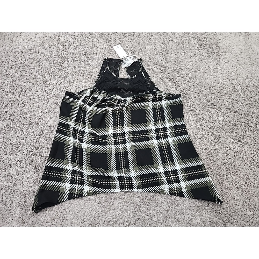 Candie's Top Womens XL Black Green Plaid Sheer Lace Halter Neck Hanky Hem NEW